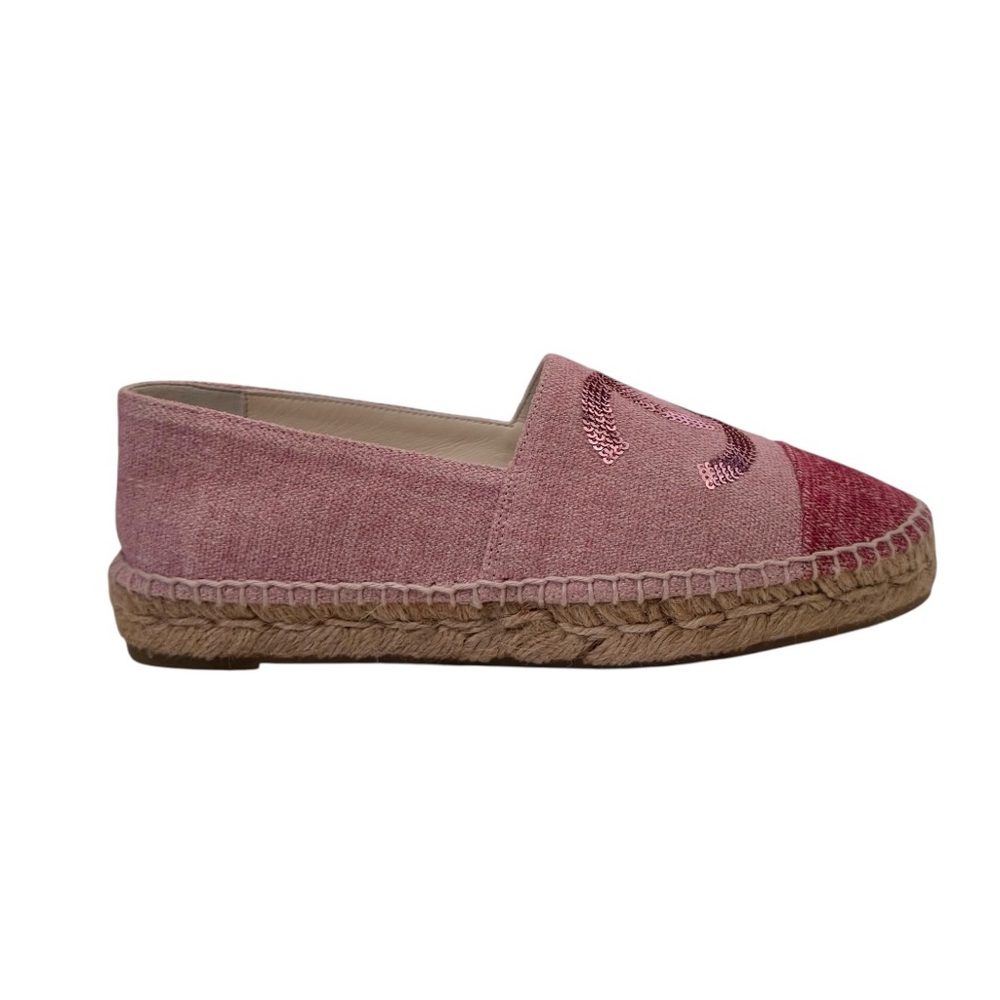 🆕💞CHANEL 2-Tone Pink Canvas & Sequin CC Logo Cap-Toe Espadrilles Flats • EU 37 - Picture 9 of 16